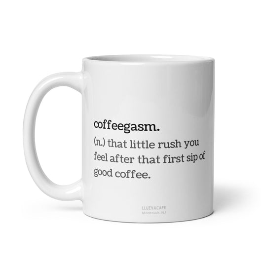 coffeegasm. white glossy mug